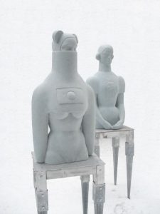 Miś Uszatek, 2008, mastic, 95x47cm; David Bowie Fanka, 2008, mastic, 98x45cm