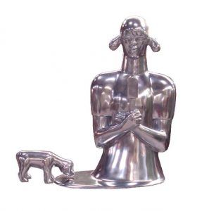 Piesek chlepczacy kaluze, ktora staje sie dziewczynka topniejaca pragnieniem zjedzenia loda, 97x 65cm, aluminium, 2013