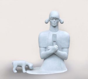 Piesek chłepczący kałużę, którą staje się dziewczynka topniejąca pragnieniem zjedzenia loda, 2008, mastic, 97x65cm